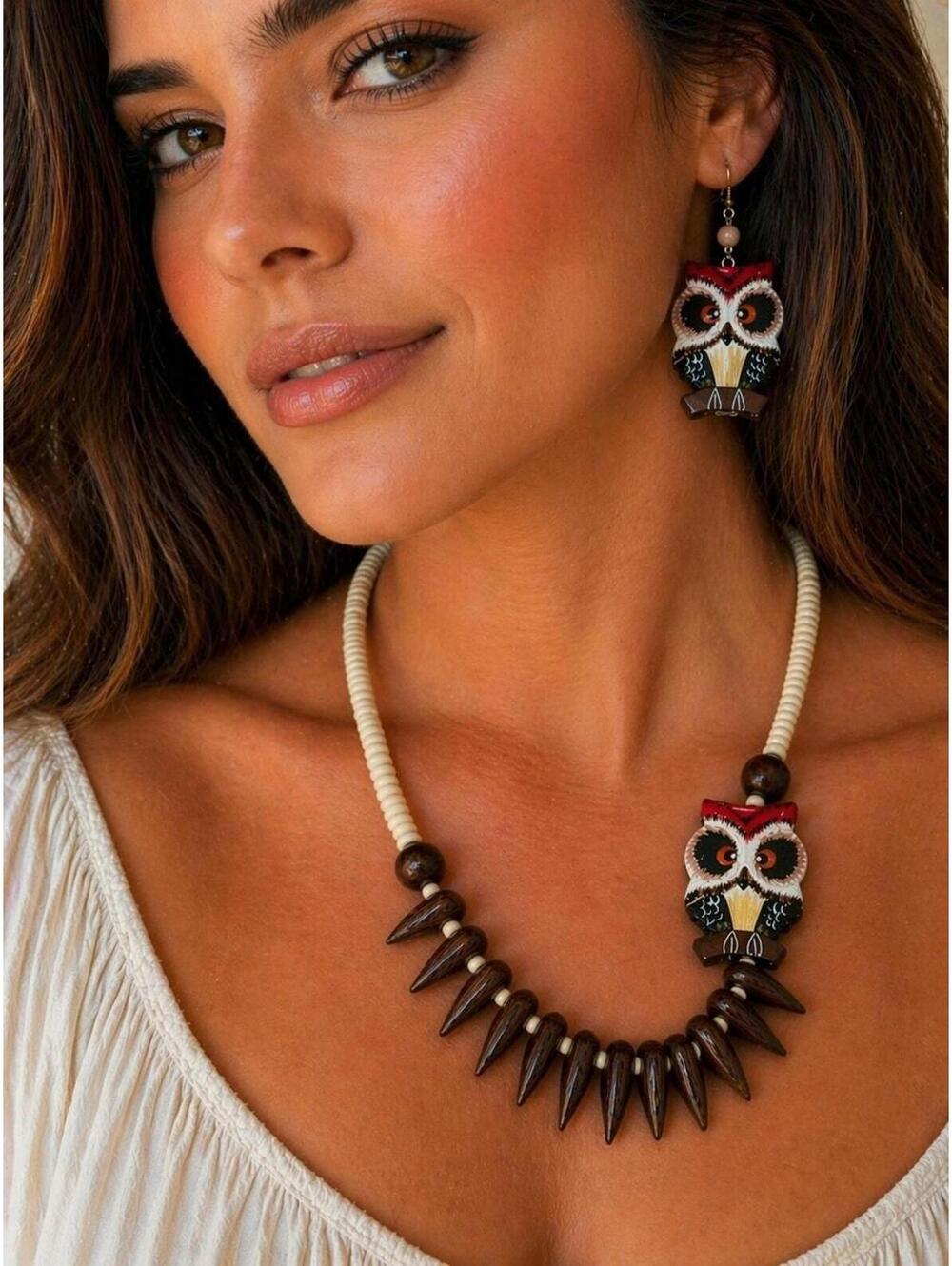 R253 Hand-Painted Owl Boho Statement Set(Necklace+Earrings) Lightweight R0000253